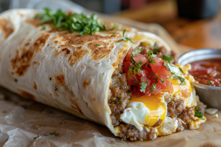 Photo burrito savoureux au petit déjeuner avec du bœuf aux œufs et du fromage fondu enveloppé dans une tortilla grillée