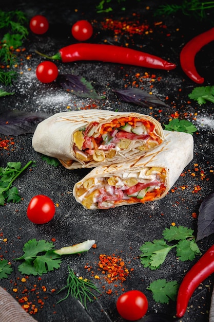 Burrito Shawarma coupé avec des légumes et des herbes sur une table en pierre sombre Le concept de restauration rapide