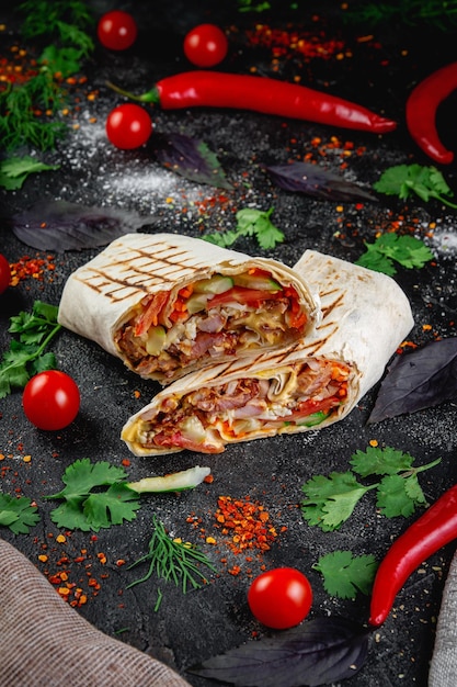 Burrito Shawarma coupé avec des légumes et des herbes sur une table en pierre sombre Le concept de restauration rapide