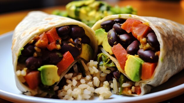 Burrito végétalien rempli de riz aux haricots noirs