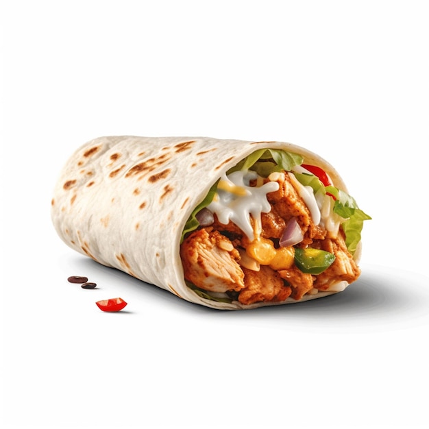 Un burrito avec un wrap au poulet et au fromage dessus