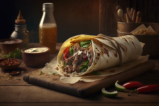 Un burrito avec un wrap dessus et une bouteille de sauce à côté.