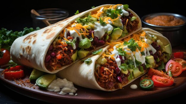 burritos farcis de légumes et de viande sur une table avec un arrière-plan noir et flou