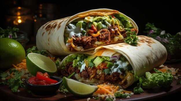 burritos farcis de légumes et de viande sur une table avec un arrière-plan noir et flou