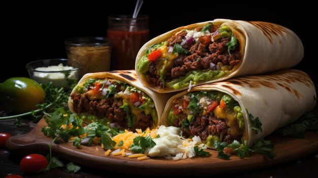 burritos farcis de légumes et de viande sur une table avec un fond noir et flou