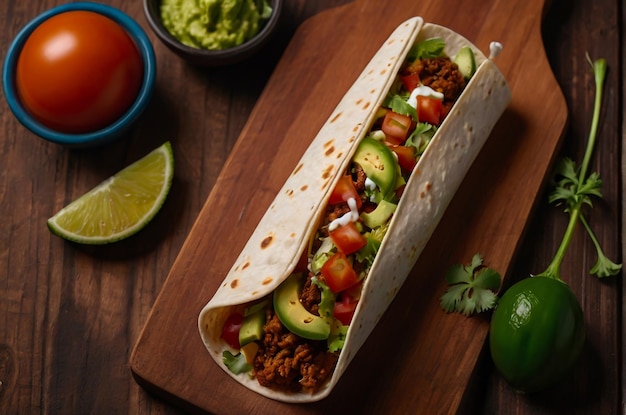 Burritos mexicains sur une planche de bois