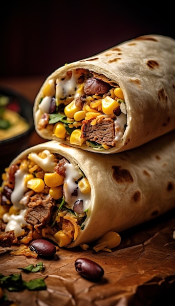 Burritos s'enroule avec du boeuf et des légumes sur fond noir