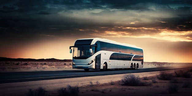 Un bus blanc circulant le long de l’autoroute à la tombée de la nuit