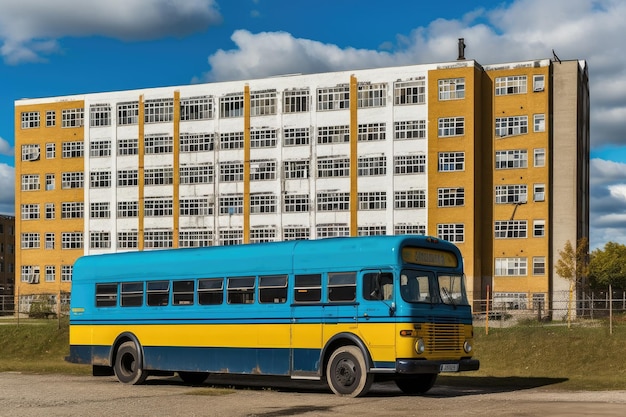 Un bus bleu et jaune garé devant un immeuble