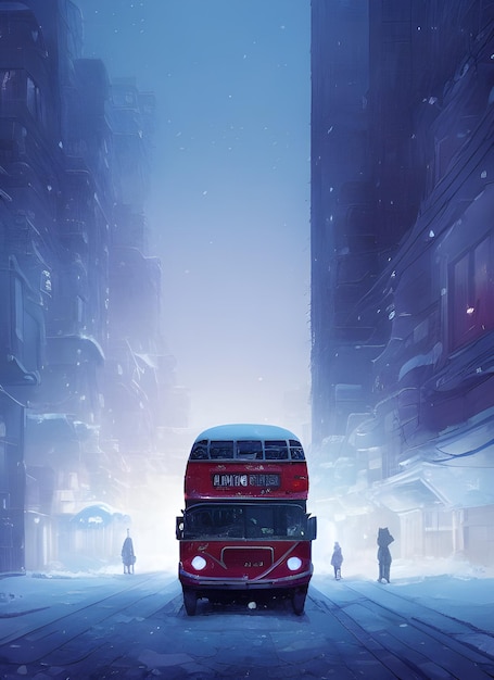 Un bus dans une ville enneigée, atmosphère de bonne année, chutes de neige, tempête de neige