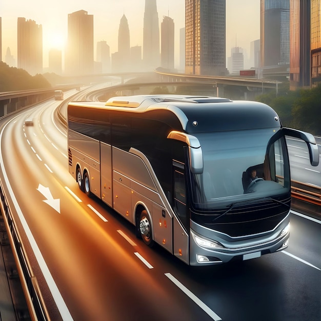 Photo un bus à deux étages descend sur une autoroute avec une ville en arrière-plan