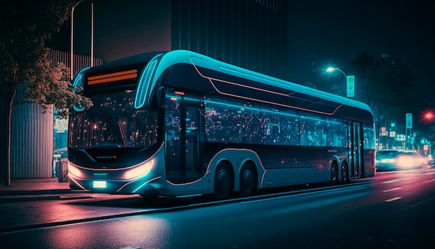 Un bus éclairé la nuit dans une ville.