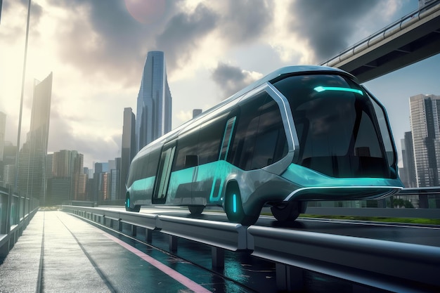 Un bus électrique futuriste survole un pont avec vue sur une métropole futuriste en arrière-plan