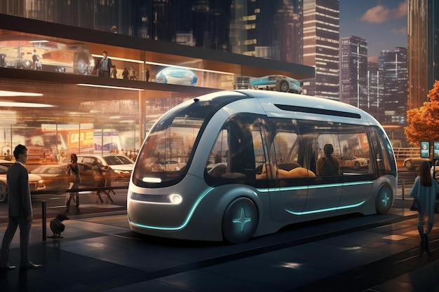 Un bus futuriste avec une bande bleue sur le côté.