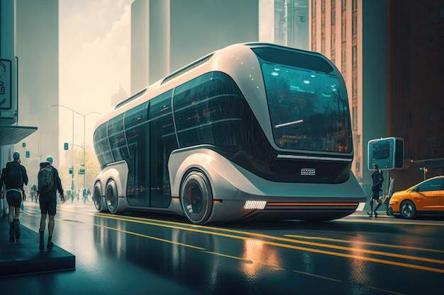 Un bus futuriste est sur la route devant un bâtiment.