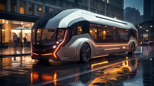 Photo un bus futuriste en métal liquide dans un parking