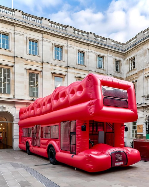 Photo un bus à impériale rouge est en face d'un bâtiment avec un panneau qui dit 