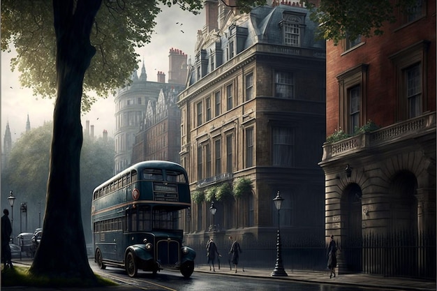 un bus à impériale roule dans la rue.