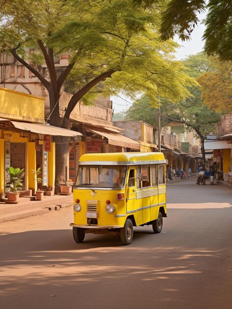 Photo un bus jaune descend une rue avec un arbre en arrière-plan