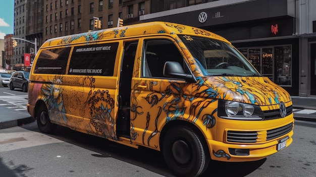 Un bus jaune avec un fruit peint sur le devant.