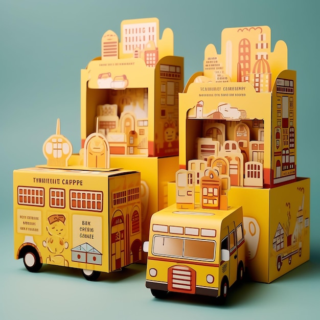 un bus jouet jaune avec le mot " bus " sur le côté
