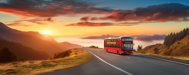 Un bus moderne transporte des passagers dans les montagnes avec le coucher de soleil sur la bannière de vacances Generative Ai