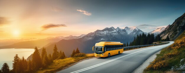 Un bus moderne transporte des passagers dans les montagnes avec le coucher de soleil sur la bannière de vacances Generative Ai