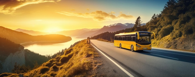 Un bus moderne transporte des passagers dans les montagnes avec le coucher de soleil sur la bannière de vacances Generative Ai