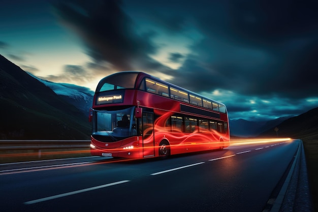 Un bus moderne transporte des passagers pendant la nuit pendant les vacances.