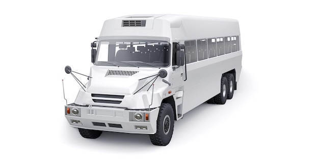 Bus pour transporter les travailleurs vers les zones difficiles d'accès. Illustration 3D.