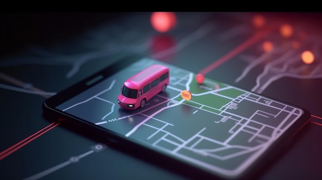 Photo un bus rose sur une carte d'une ville avec une ville en arrière-plan.