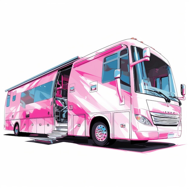 un bus rose avec un dessin rose et blanc à l'avant.