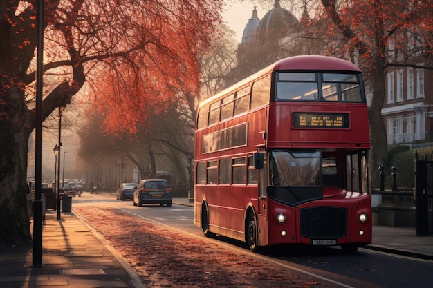 Bus rouge dans la rue de Londres Generative AI