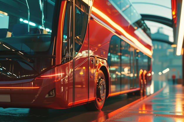 Photo un bus rouge à deux étages garé à un arrêt de bus peut être utilisé pour représenter les transports en commun ou la vie urbaine.