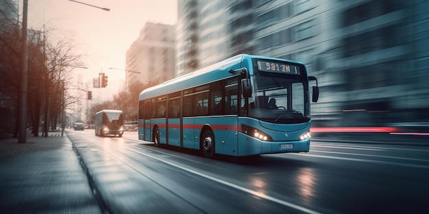 Bus roulant sur la route avec arrière-plan flou de mouvement de paysage urbain Ai générative