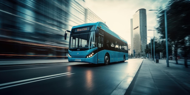 Bus roulant sur la route avec arrière-plan flou de mouvement de paysage urbain Ai générative