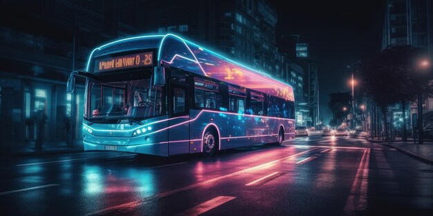 Bus roulant sur la route la nuit avec des néons lumineux fond flou de mouvement Generative Ai