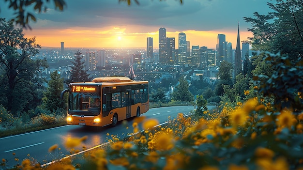 un bus roule sur la route avec la ville en arrière-plan