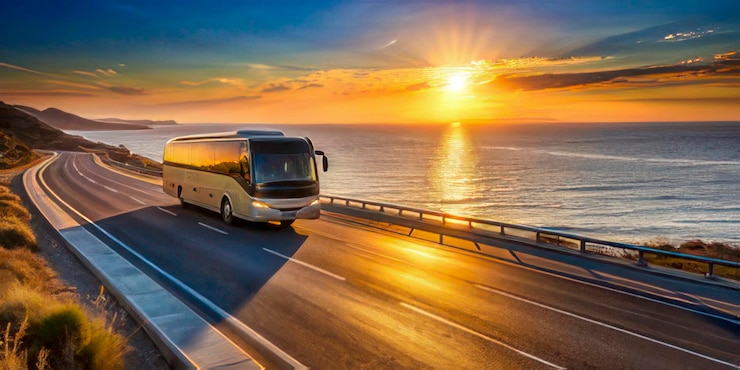 Photo un bus sur la route avec le soleil qui se couche derrière lui