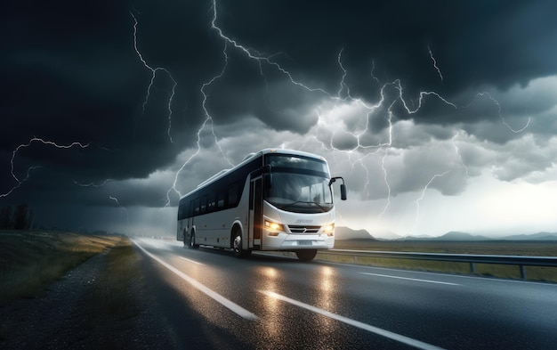 Un bus s’aventurant avec détermination à travers un orage