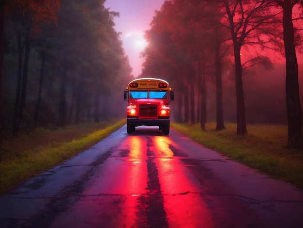 Bus scolaire arrière-plan de la route coloré Ai généré