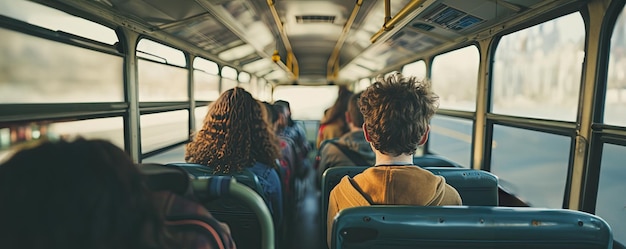 Photo un bus scolaire avec des élèves va à l'école