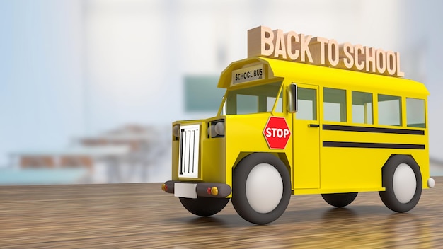 Le bus scolaire sur table en bois pour le rendu 3d du concept de retour à l'école