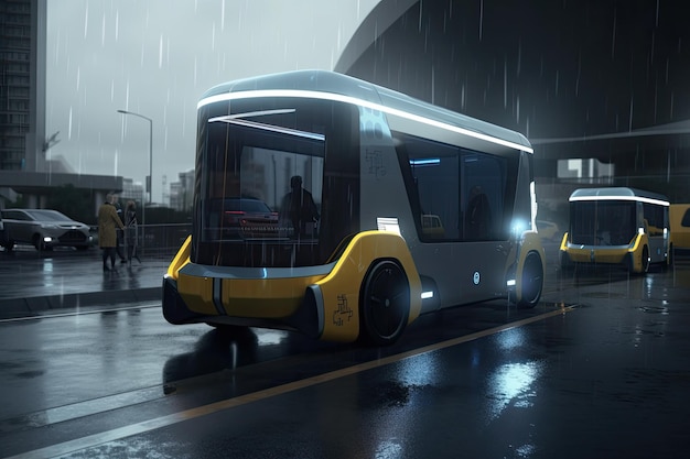 Bus sous la pluie Rendering 3D en jour de pluie Un robot futuriste conduisant un bus Généré par l'IA