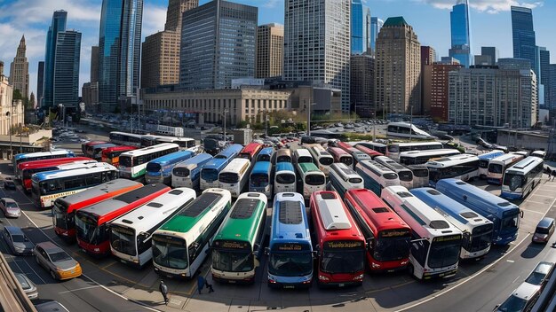 Photo des bus stationnés dans la ville.