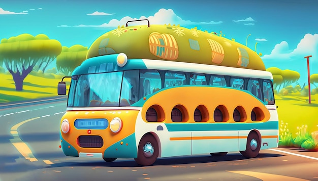 Bus de style dessin animé sur le thème de l'été de la route