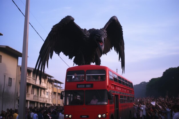 Photo un bus touristique dans la rue des fans de flamengo de barcelone suivant leur bus un énorme vautour généré par l'ia