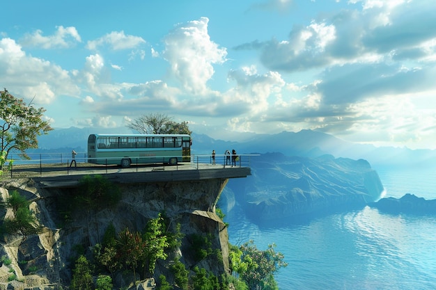 Un bus touristique garé à un point de vue panoramique avec un laissez-passer