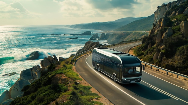 Un bus touristique de luxe voyageant sur une route côtière avec une vue imprenable sur l'océan et les falaises