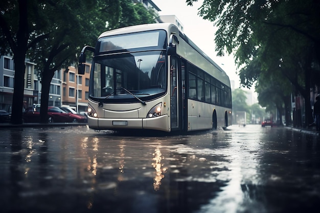 Photo un bus urbain roule le long d'une rue inondée à la suite d'une inondation ou d'une tempête photo horizontale